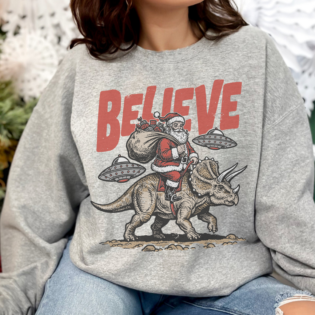 Santa • UFO • Dinosaur | Funny Retro Holiday Sweater | Unisex | Youth + Adult